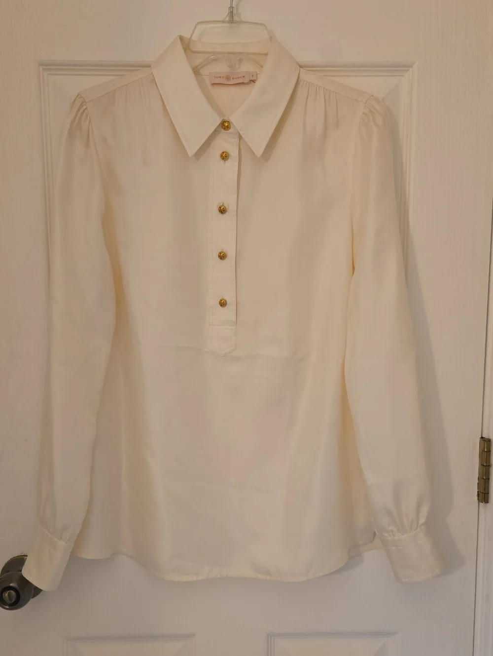 Tory Burch Ivory Silk Long-Sleeve Button Placket Shirt with Gold Buttons